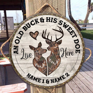 An Old Buck And His Sweet Doe Customized Round Wood Sign