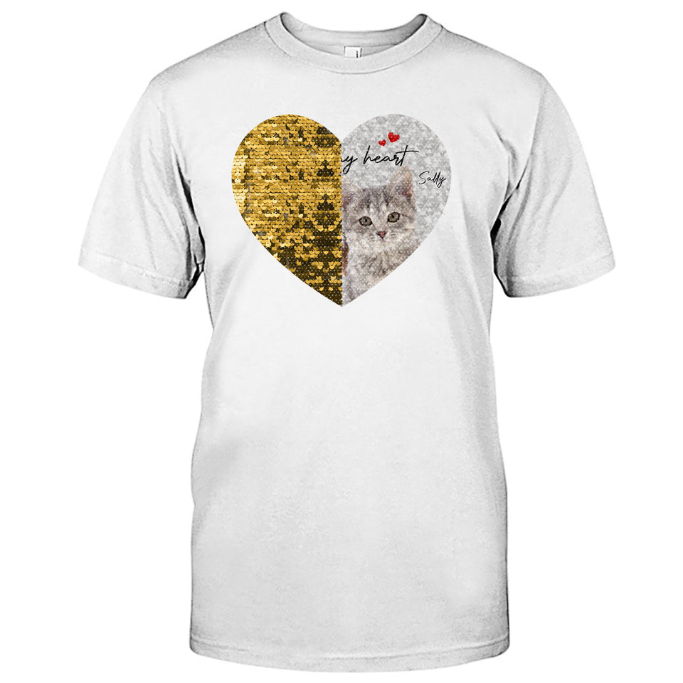 Forever In My Heart Custom Photo Dog & Cat - Gift for dog lovers, dog lover, cat lover - Personalized Sequin T-shirt