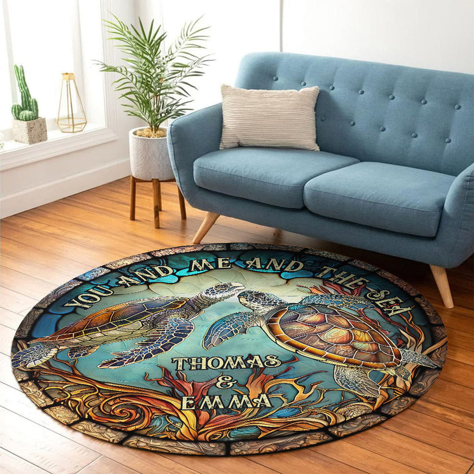 Colorful Turtle Couple - Personalized Turtle Round Rug