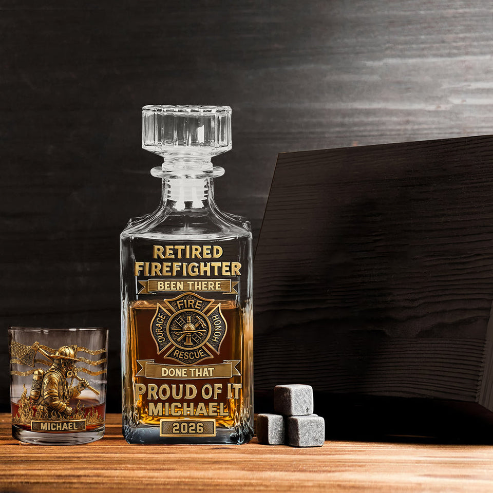 Proud Retired Firefighter - Personalized Firefighter Whiskey Decanter Set