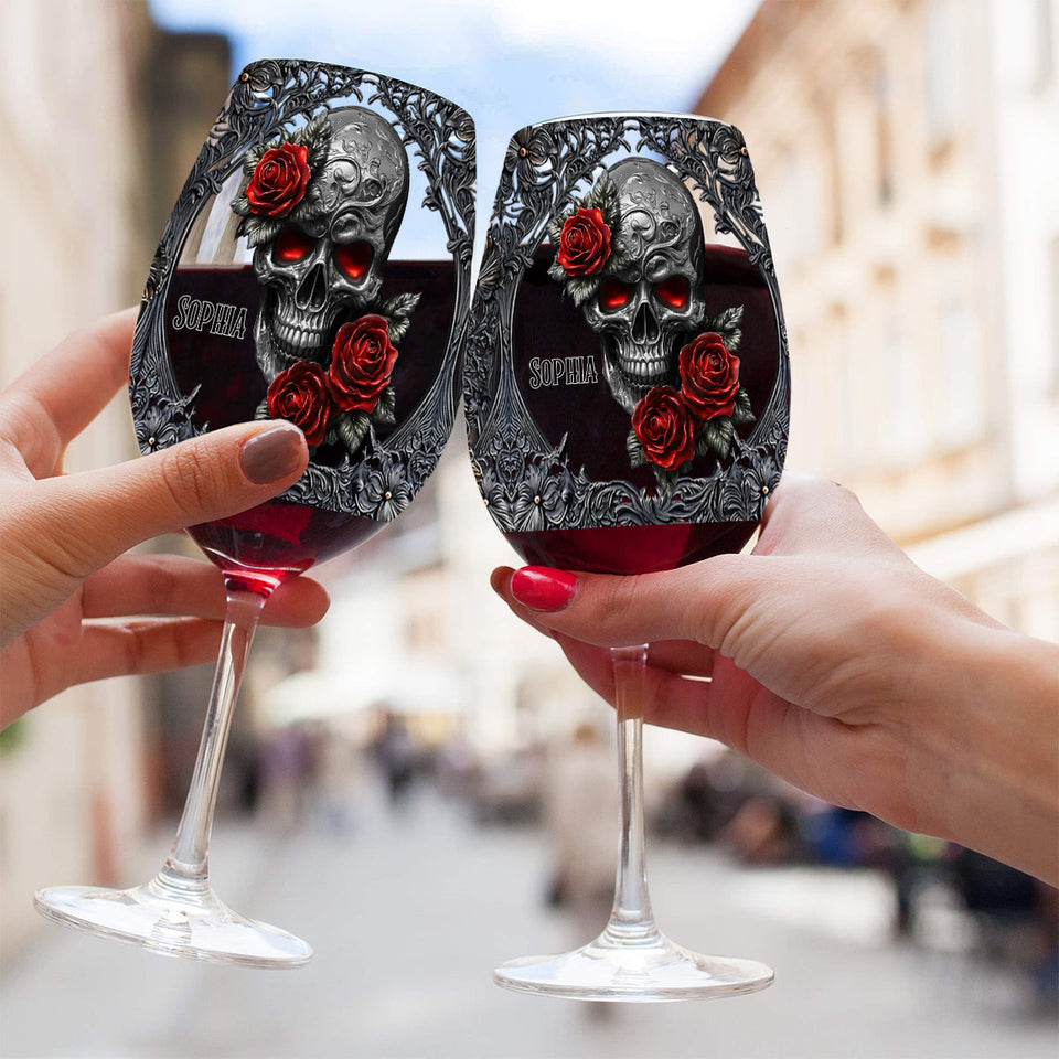 Hello Darkness - Couple Gift - Personalized Skull Wine Glass With Long Stem