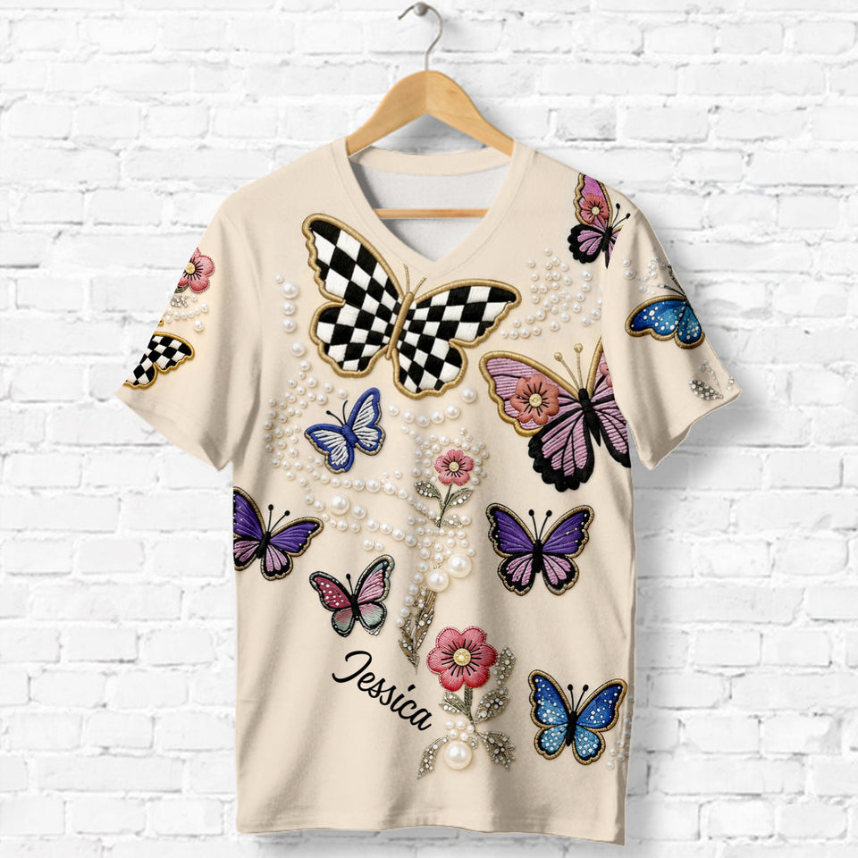 Love Butterfies - Personalized Butterfly Fully Printed V-Neck T-Shirt