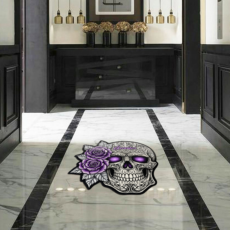 Skull And Roses - Personalized Skull Shaped Doormat/ Rug