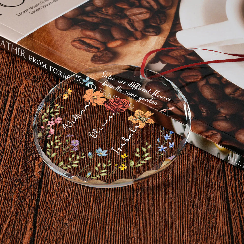 Colorful Garden Flowers - Personalized Sibling Round Shaped Glass Ornament