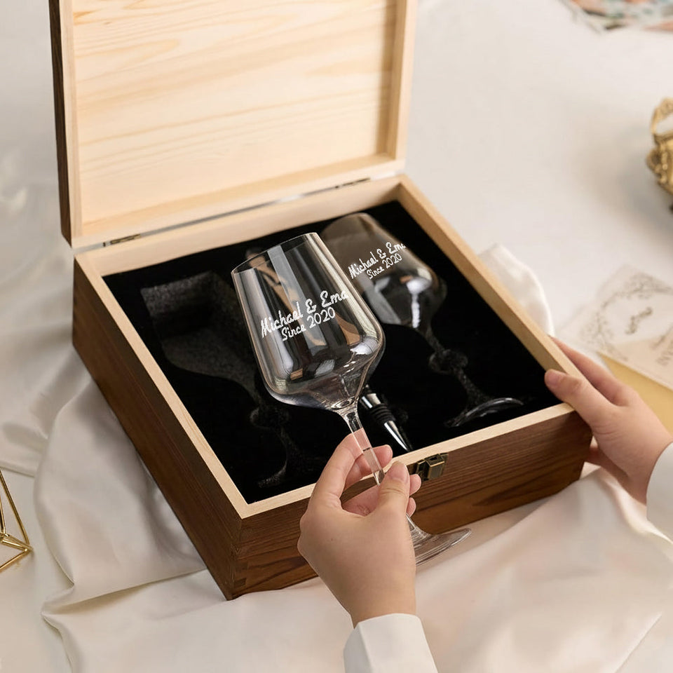 Growing Old Together - Personalized Couple Wine Glasses Set With Wooden Box