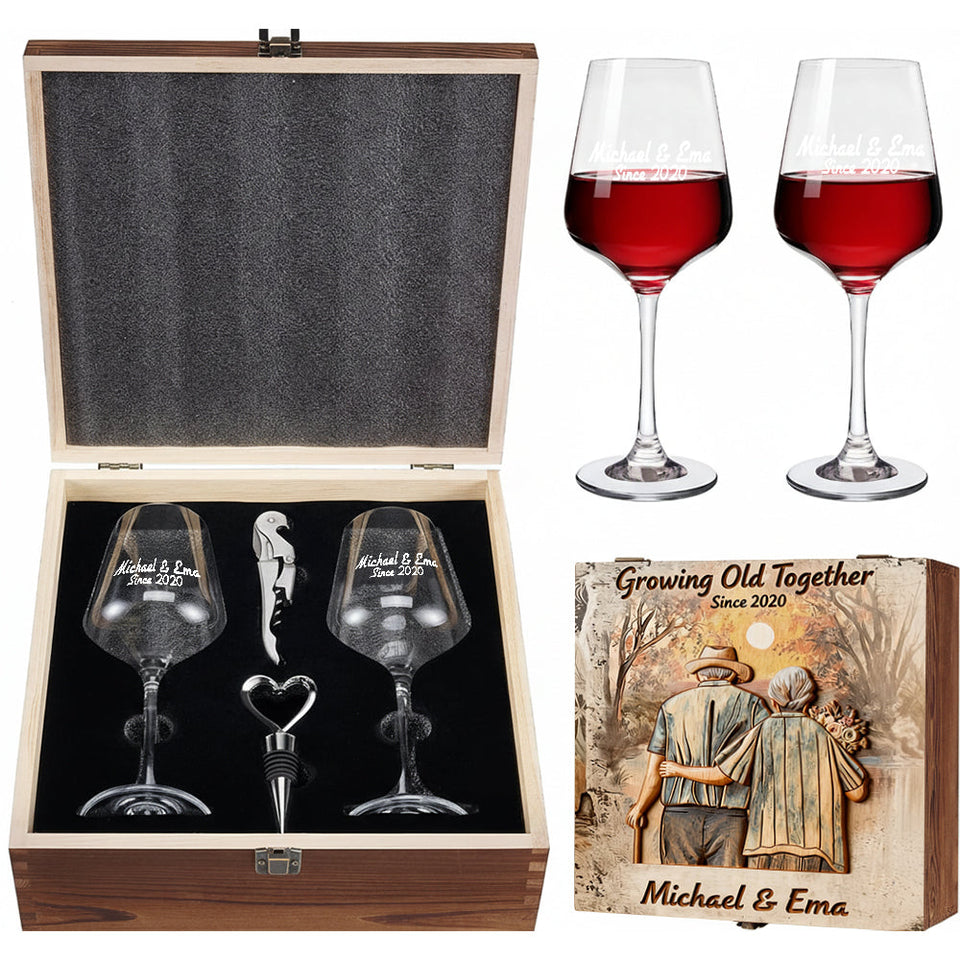 Growing Old Together - Personalized Couple Wine Glasses Set With Wooden Box