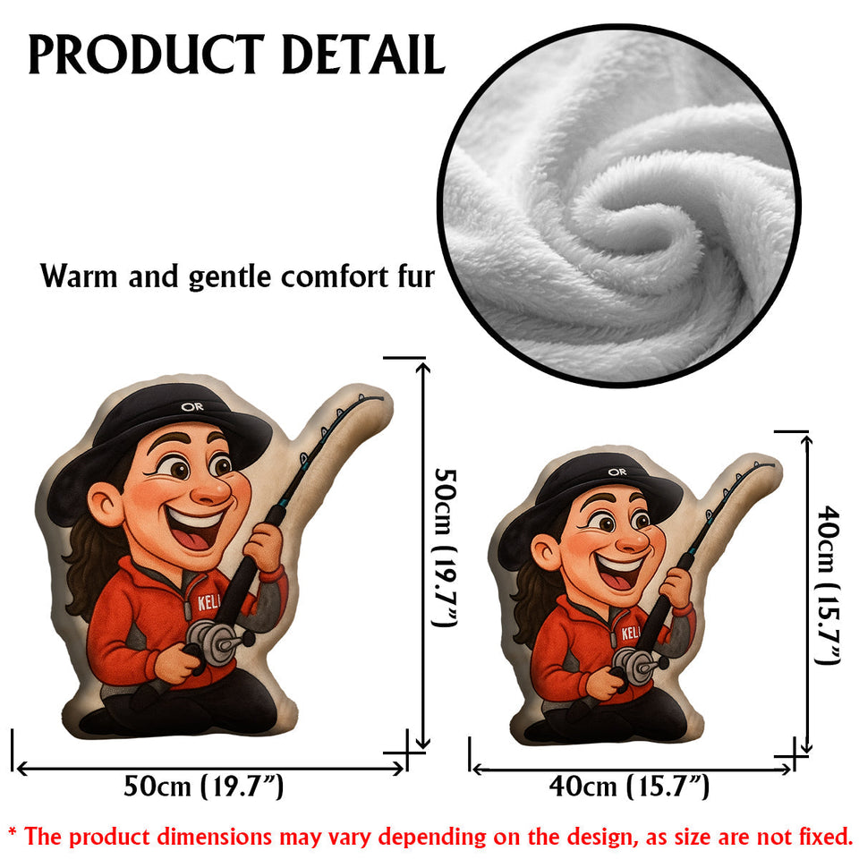 Cartoonish Caricature Fishing Gift - Personalized Fishing Faux Fur Shaped Pillow