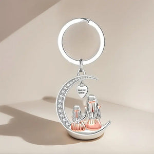 Mother Daughter Moon Shaped Keychain