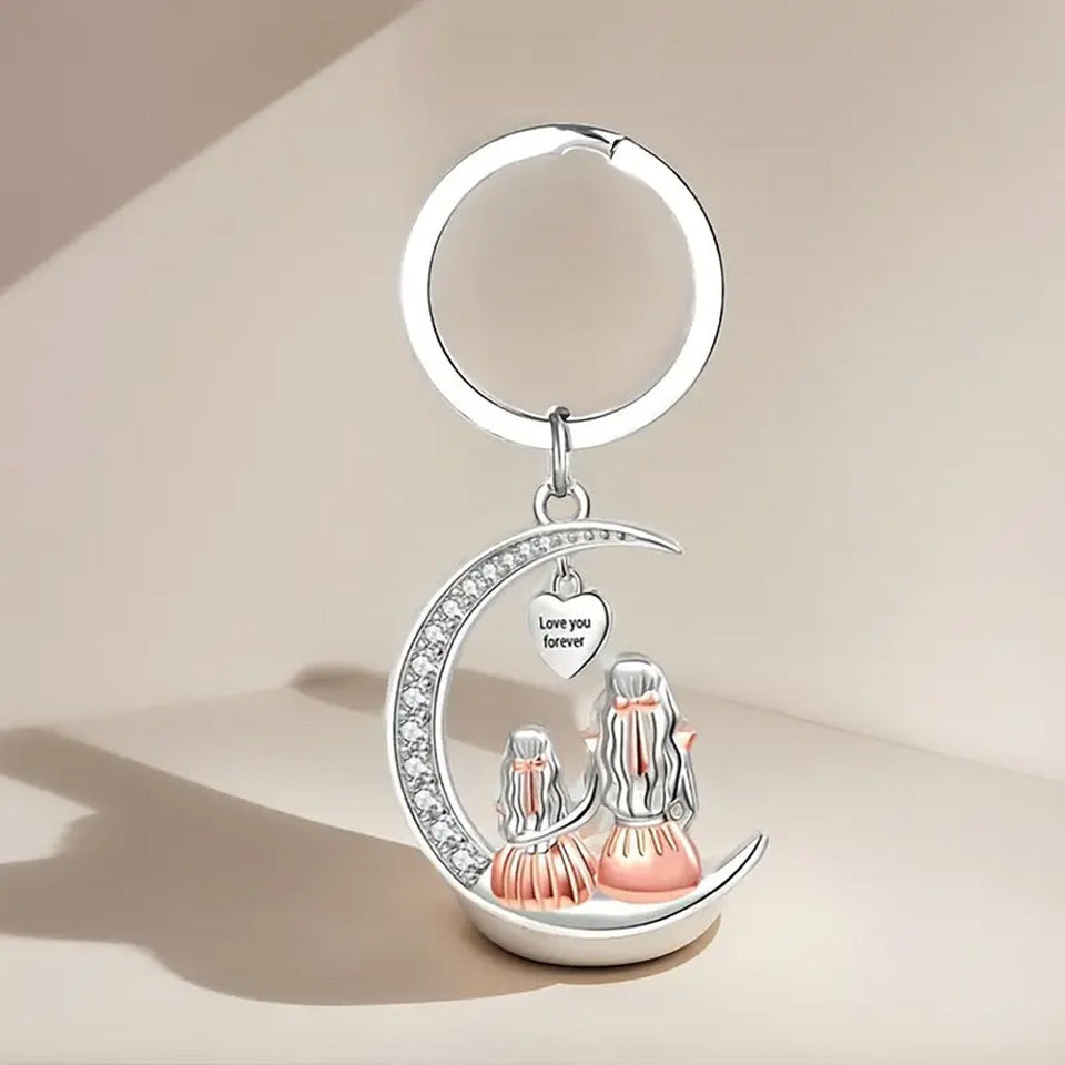 Mother Daughter Moon Shaped Keychain