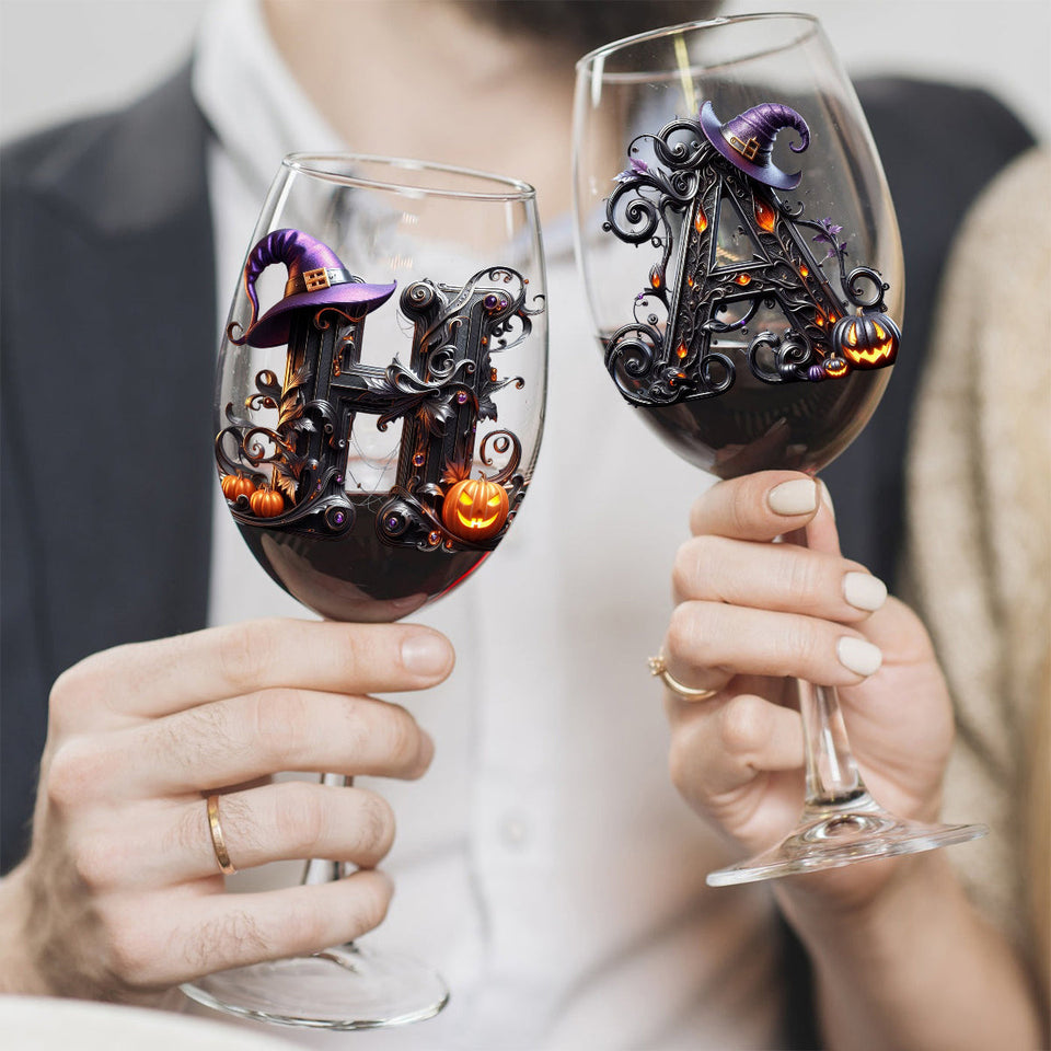 Witch Name Initial Letter - Personalized Witch Wine Glass With Long Stem