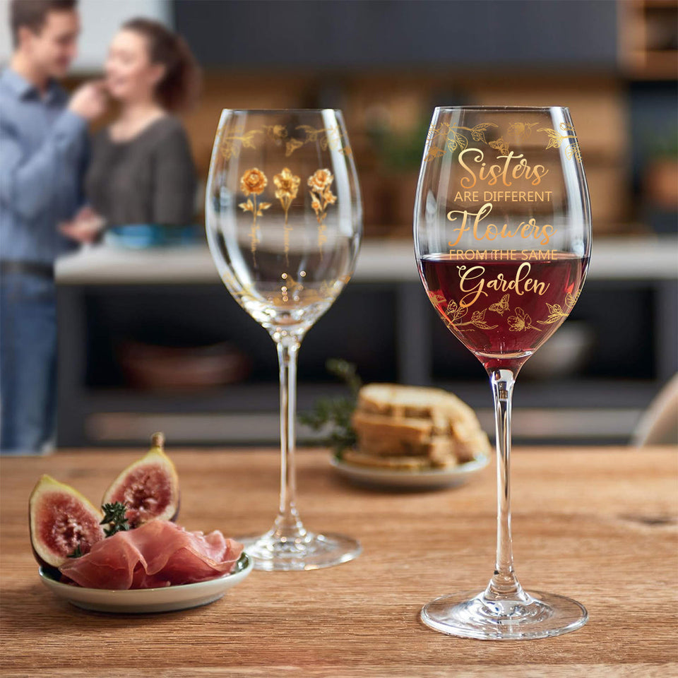 Sisters Are Different Flowers - Personalized Sibling Wine Glass With Long Stem