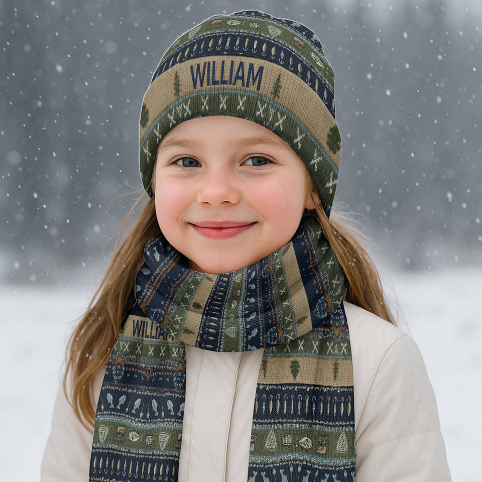 Fishing - Personalized Fishing Knitted Beanie Hat and Scarf Set