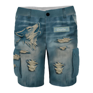 Cool Distressed Howling Wolf - Personalized Wolf Cargo Shorts With Belt