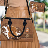 Love Highland Cow - Personalized Highland Cow Leather Handbag & Leather Long Wallet