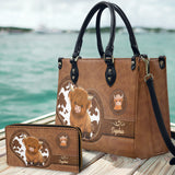 Love Highland Cow - Personalized Highland Cow Leather Handbag & Leather Long Wallet