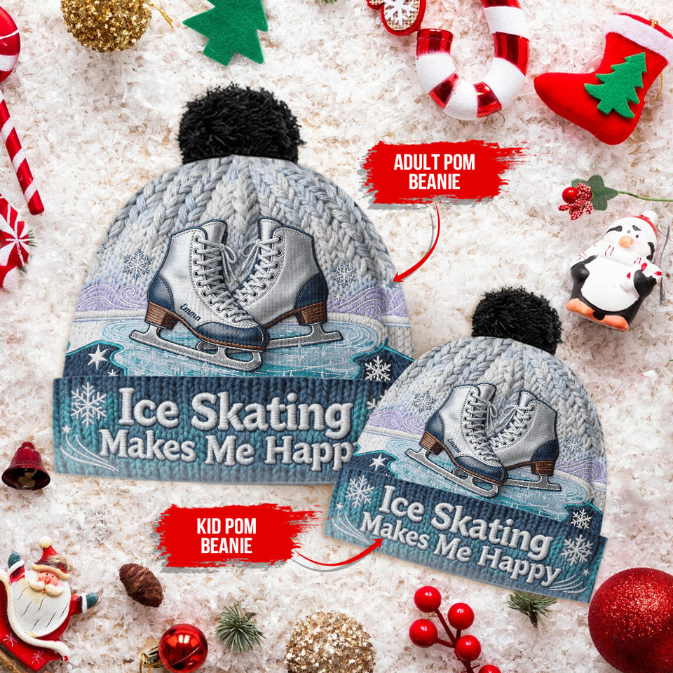 Ice Skating Makes Me Happy - Personalized Ice Skating Beanie Hat