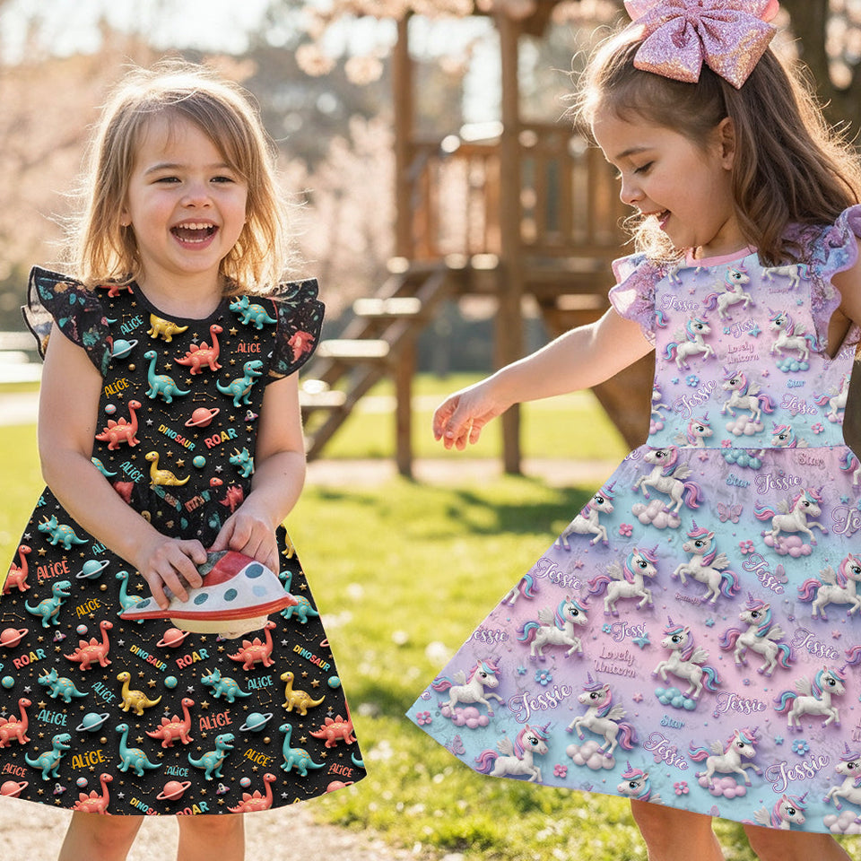 Kid Unicorn - Personalized Kid Ruffle Sleeve Dress
