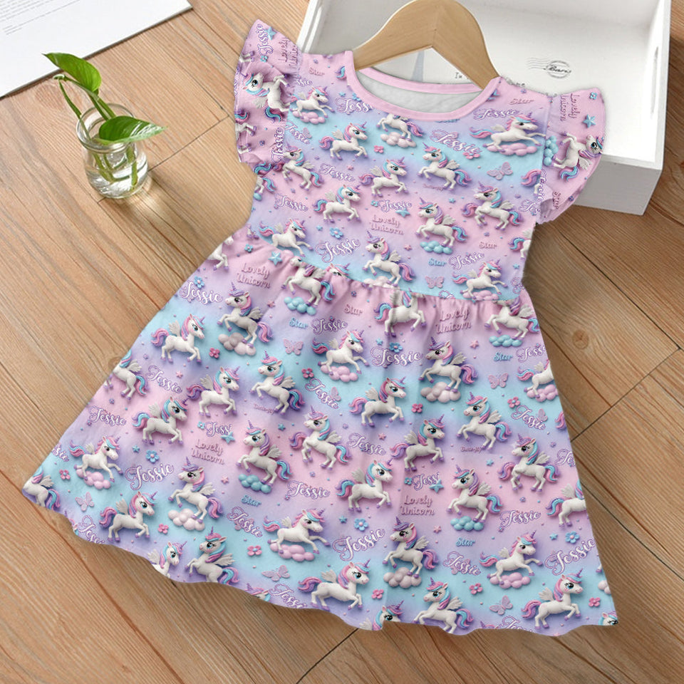Kid Unicorn - Personalized Kid Ruffle Sleeve Dress