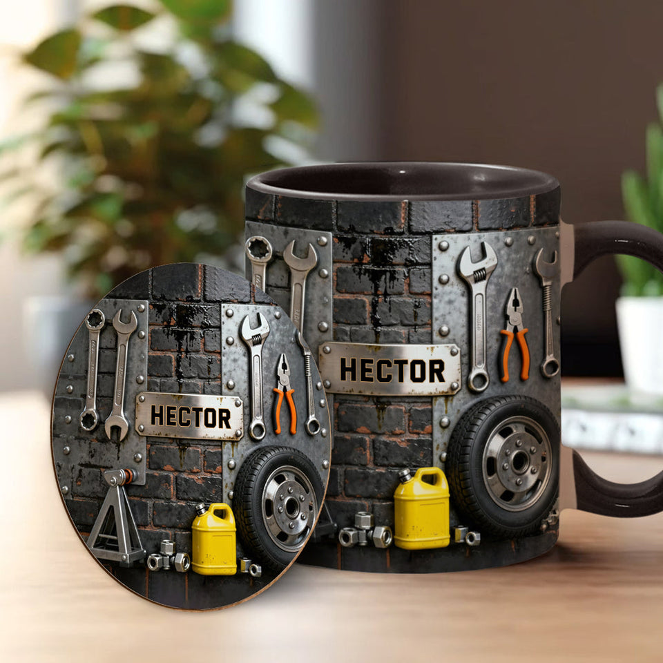 Eat Sleep Fix Car Repeat - Personalized Mechanic Accent Mug & Coaster