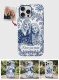 Mother Gift Idea, Blue Toile De Jouy Pattern - Personalized Mother 3D Embossed Leather Phone Case