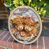 Home Sweet Home, Cute Baby Highland Cow - Personalized Family Round Wood Sign