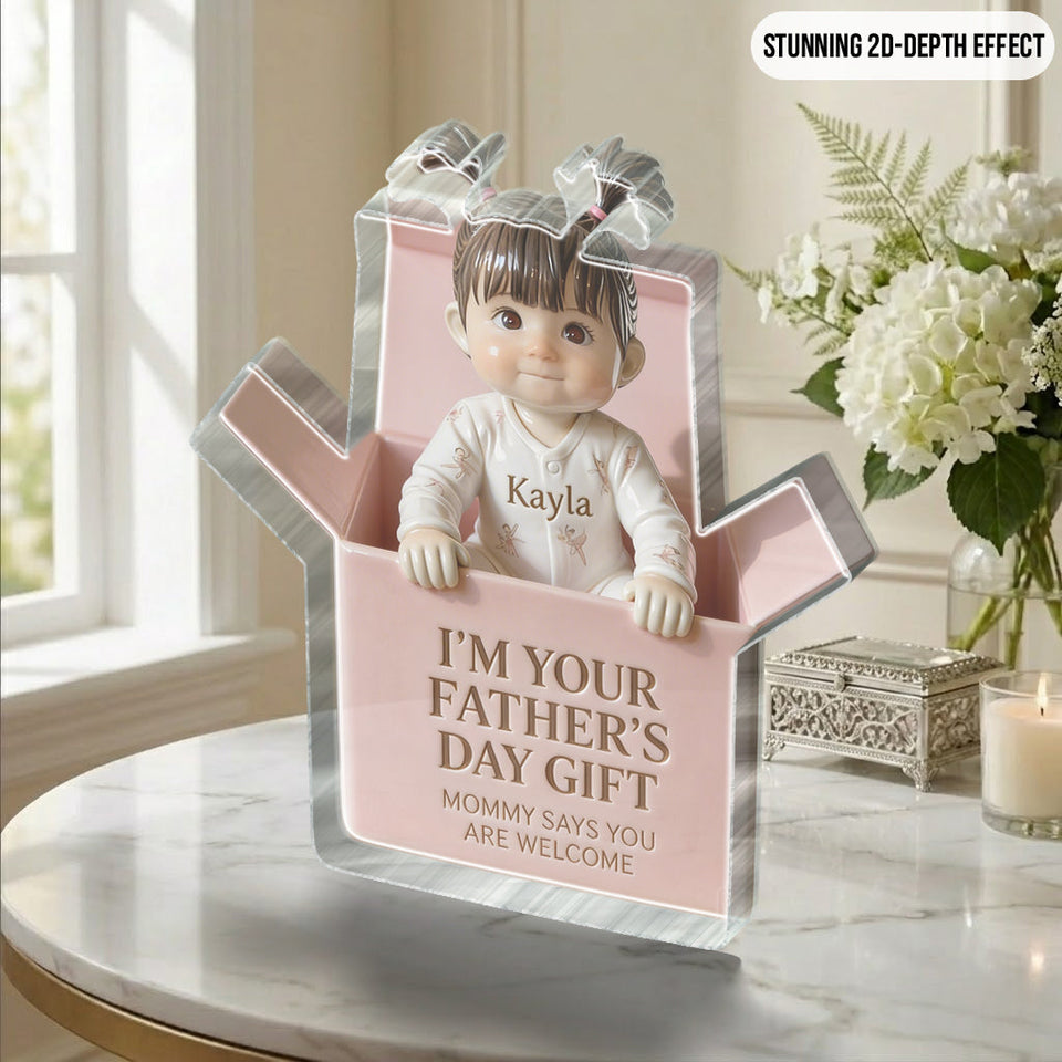 Personalized Baby Girl in Box Acrylic Plaque, Custom Taylor Father's Day Gift Keepsake Statue, Cute Newborn Son Daughter Table Decor from Mommy