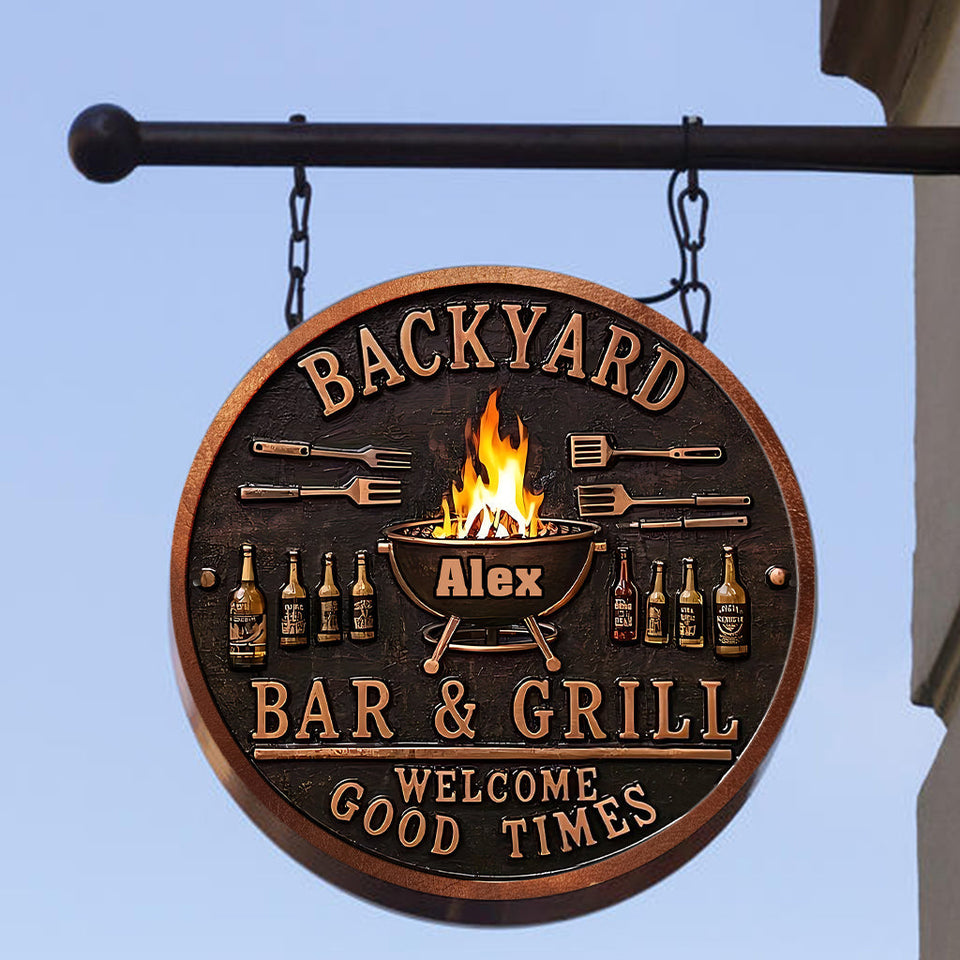 Backyard Bar & Grill Sign - Personalized Grilling Round Metal Sign