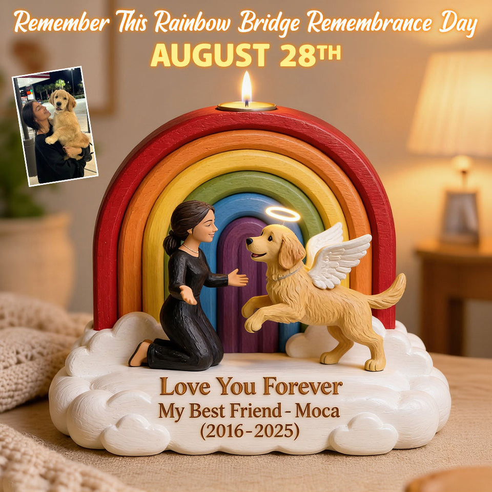 Remember This Rainbow Bridge Remembrance Day - Personalized Dog Custom Shape Wooden Candle Holder