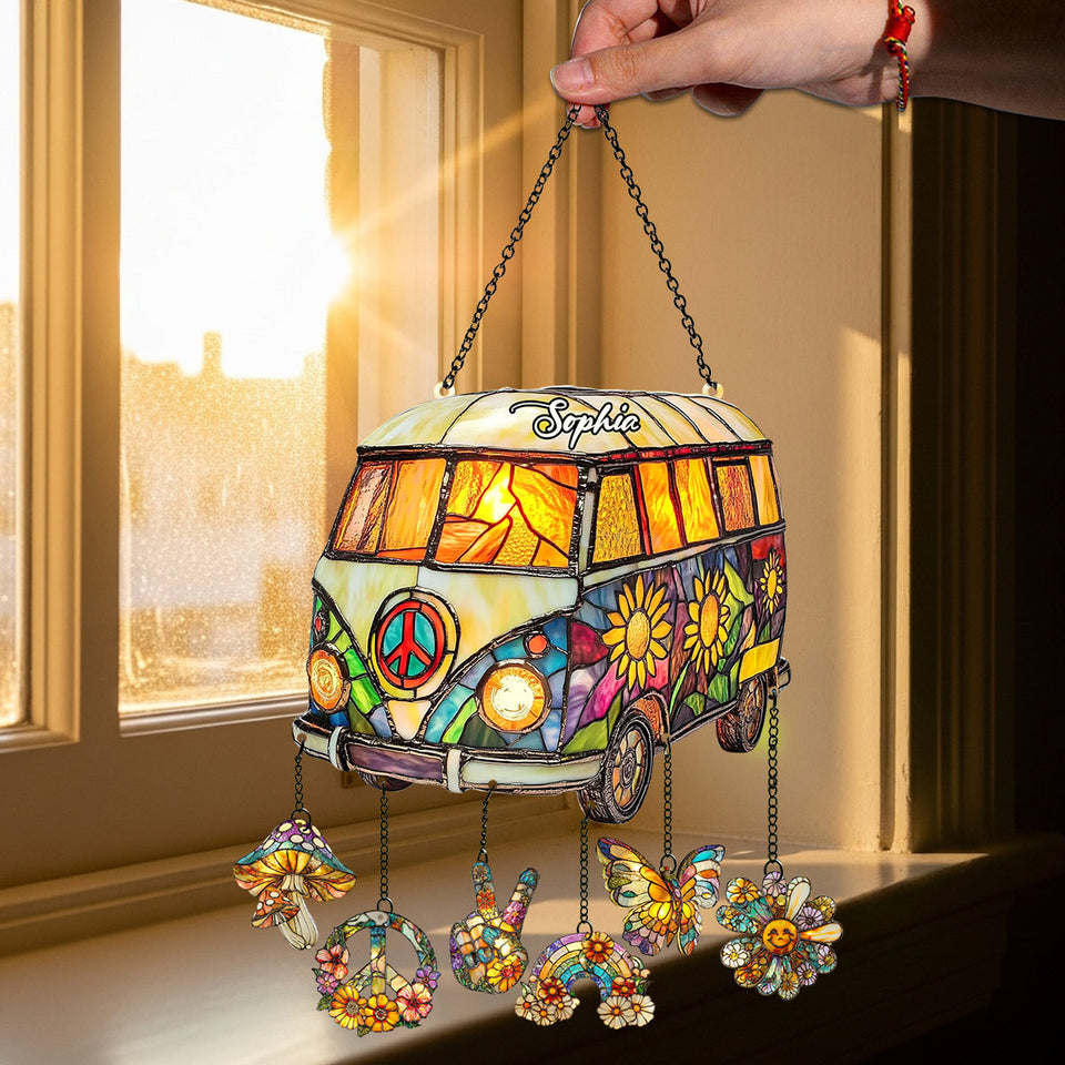 Hippie Caravan - Personalized Hippie Window Hanging Suncatcher With Charms