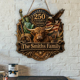 Celebrate 250th Anniversary, Highland Cow Lovers, Farmer Gift - Personalized Highland Cow Shaped Wood Sign With Sash