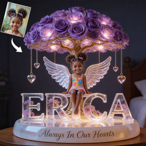 Custom Black Grandpa Always In Our Hearts Angel Wings Figurine, Personalized Memorial Tree Lamp Statue, Sympathy Remembrance Night Light Table Decor