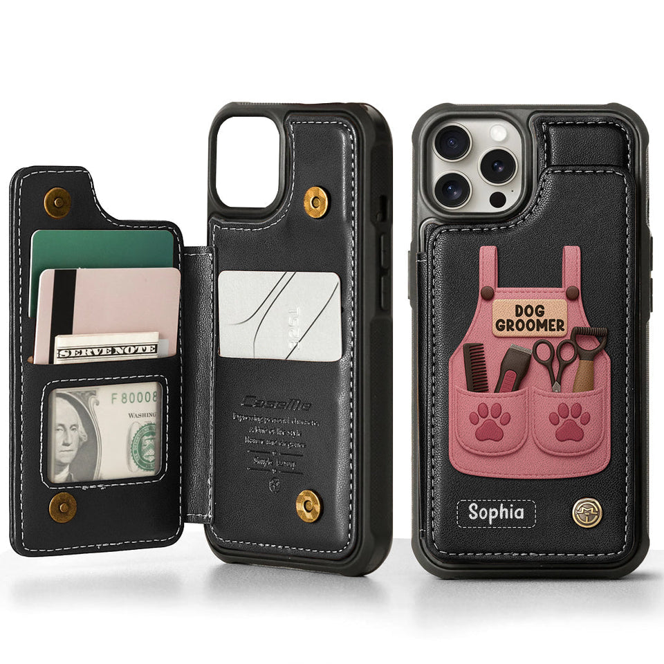 Dog Groomer Gift With Grooming Tools And Paw Prints - Personalized Dog Groomer Wallet Phone Case