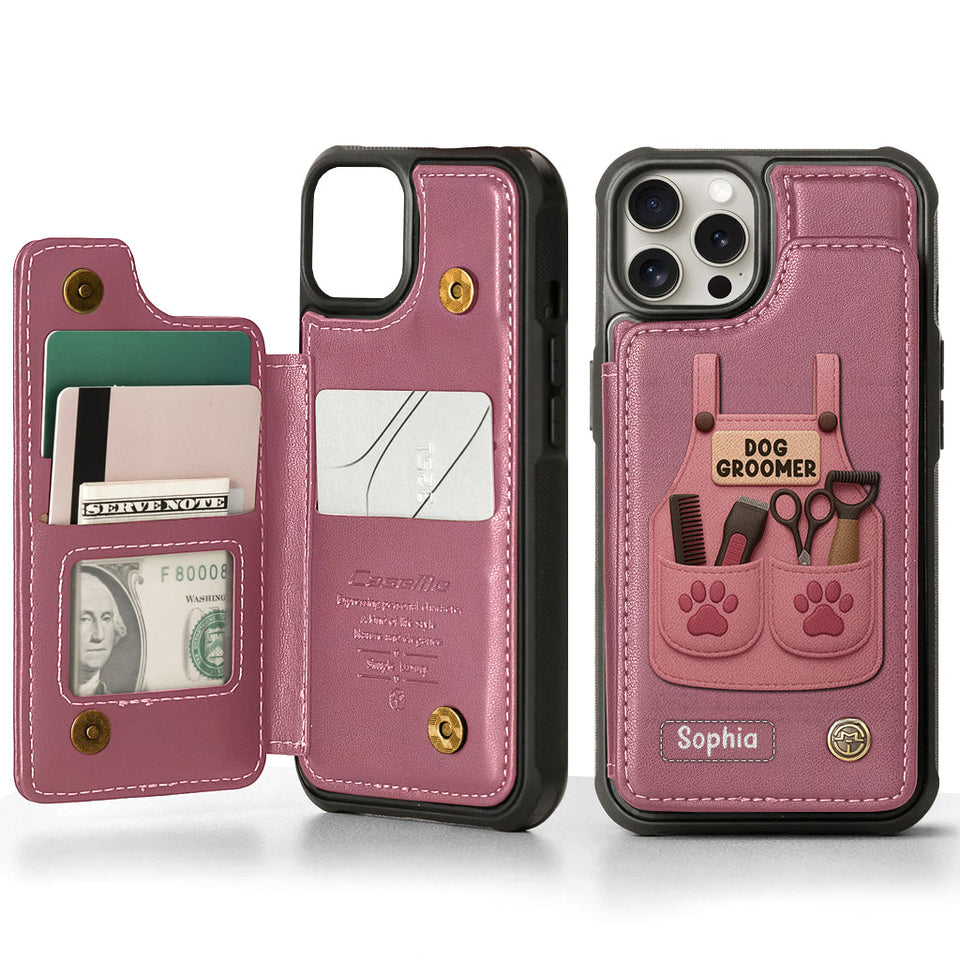 Dog Groomer Gift With Grooming Tools And Paw Prints - Personalized Dog Groomer Wallet Phone Case