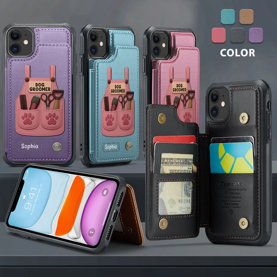Dog Groomer Gift With Grooming Tools And Paw Prints - Personalized Dog Groomer Wallet Phone Case