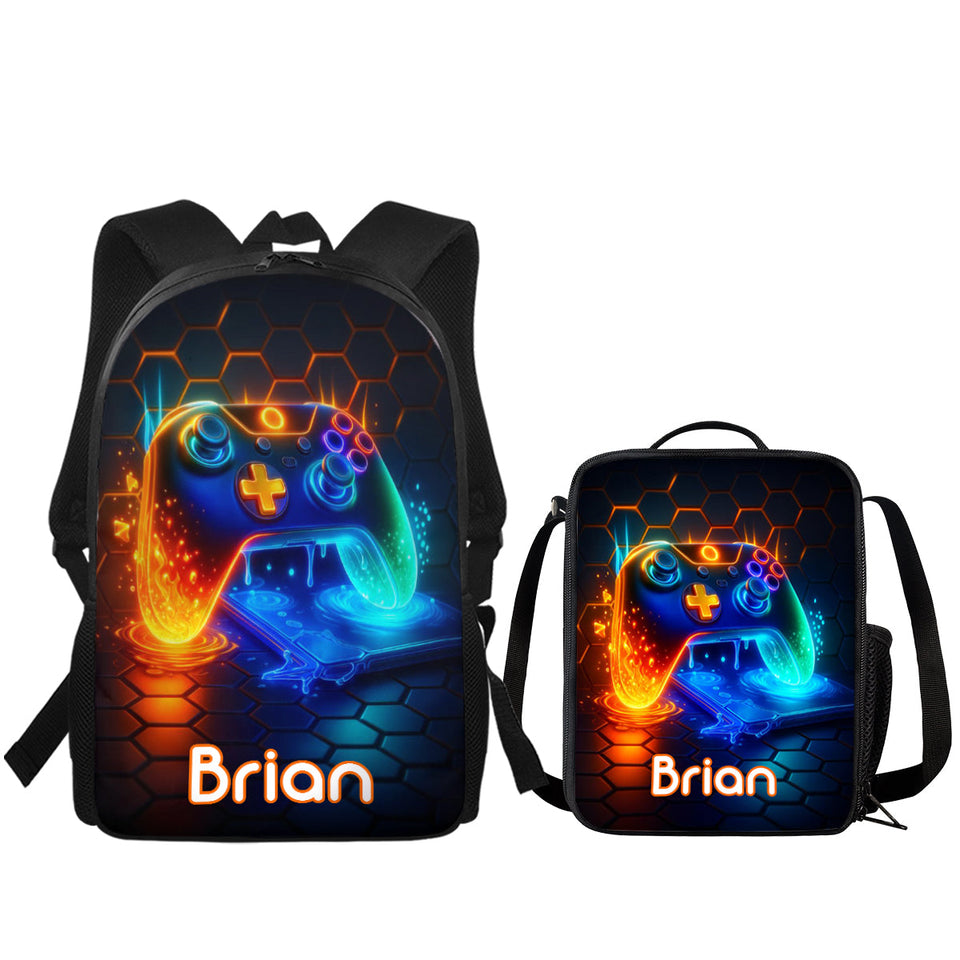 Gaming Handle - Boys' Large Capacity School Bag Set of Three - Personalized Kid Backpack Lunch Bag Pencil Case Set