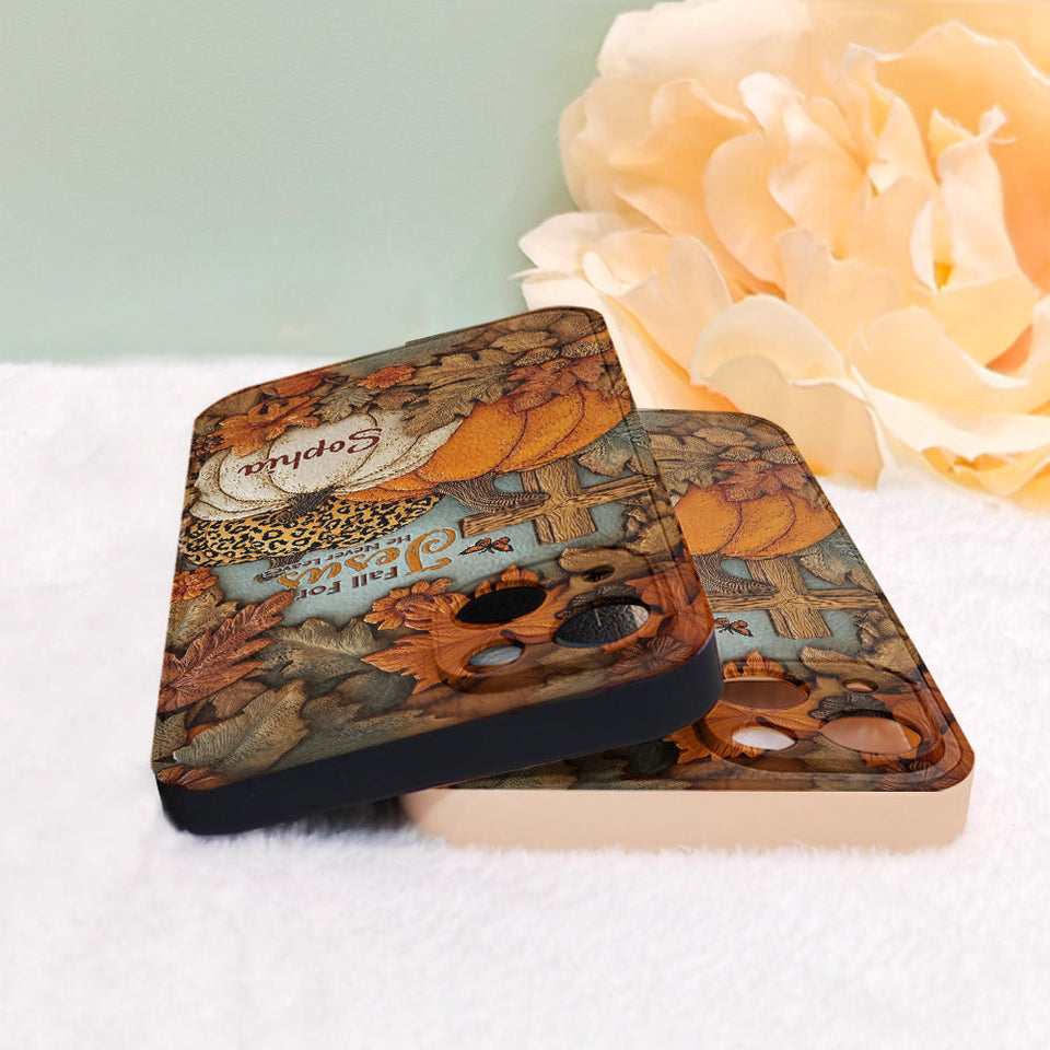 Fall for Jesus, He Never Leaves - Personalized Christian Leather Phone Case