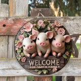 Welcome - Personalized Pig Lover Round Wood Sign