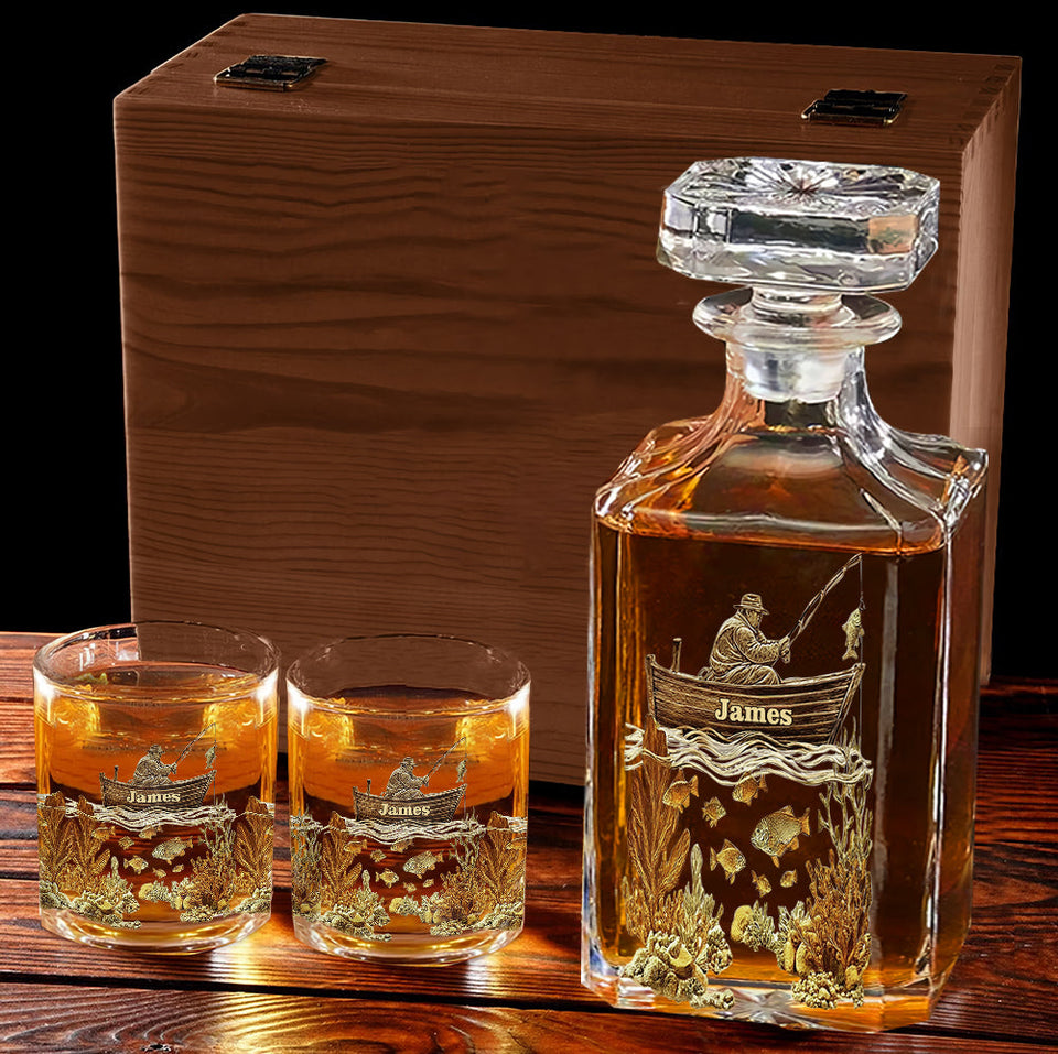 Personalized Fishing Whiskey Bottle and Glass Set - Personalized Fishing Whiskey Decanter Set