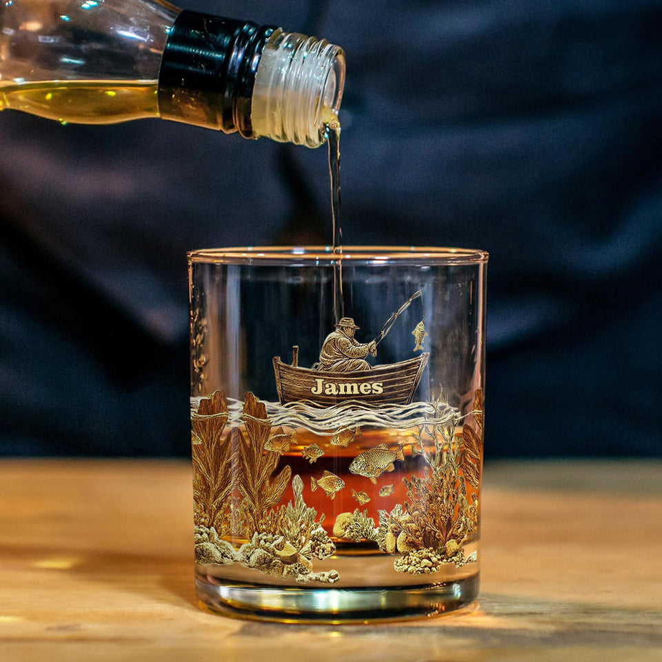 Personalized Fishing Whiskey Bottle and Glass Set - Personalized Fishing Whiskey Decanter Set