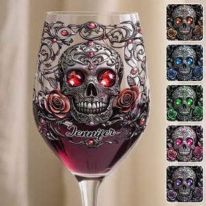 Skull, Wine, & Roses - Personalized Wine Wine Glass With Long Stem
