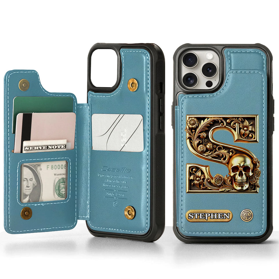 Skull Name Initial Letter - Personalized Skull Wallet Phone Case