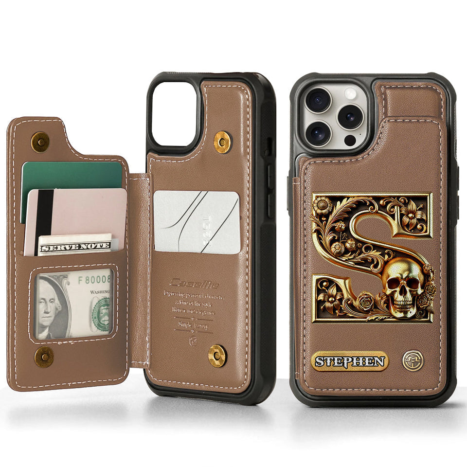 Skull Name Initial Letter - Personalized Skull Wallet Phone Case