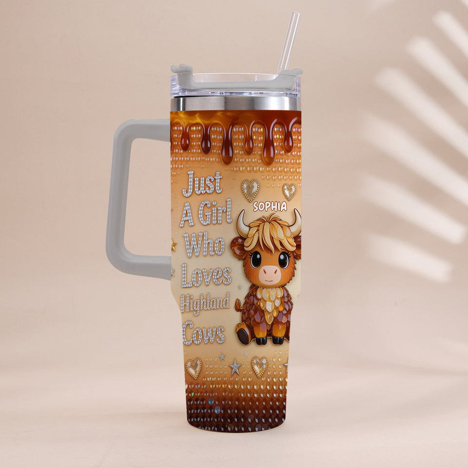 Just A Girl Who Loves Highland Cow - Personalized Highland Cow Tumbler With Handle