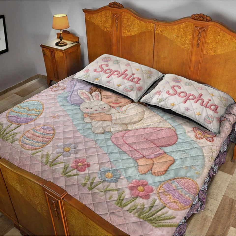 Kid With Easter Bunny - Personalized Kid Quilt Set