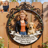 Beware A Crazy Plant Lady And Her Pet Live Here - Personalized Gardening Cut Metal Sign