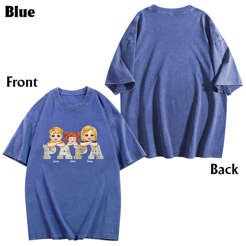 Vintage Map Papa Title - Personalized Father Wash T-shirt