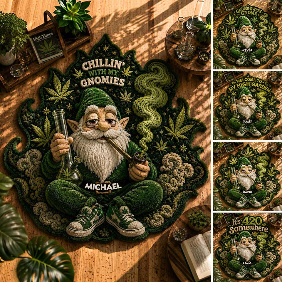 Smoking Gnome, It's 420 Somewhere - Personalized Weed Shaped Doormat/ Rug