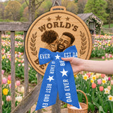 Giant Medal Funny World's Best Dad Custom Photo - Personalized Father Shaped Wood Sign With Sash