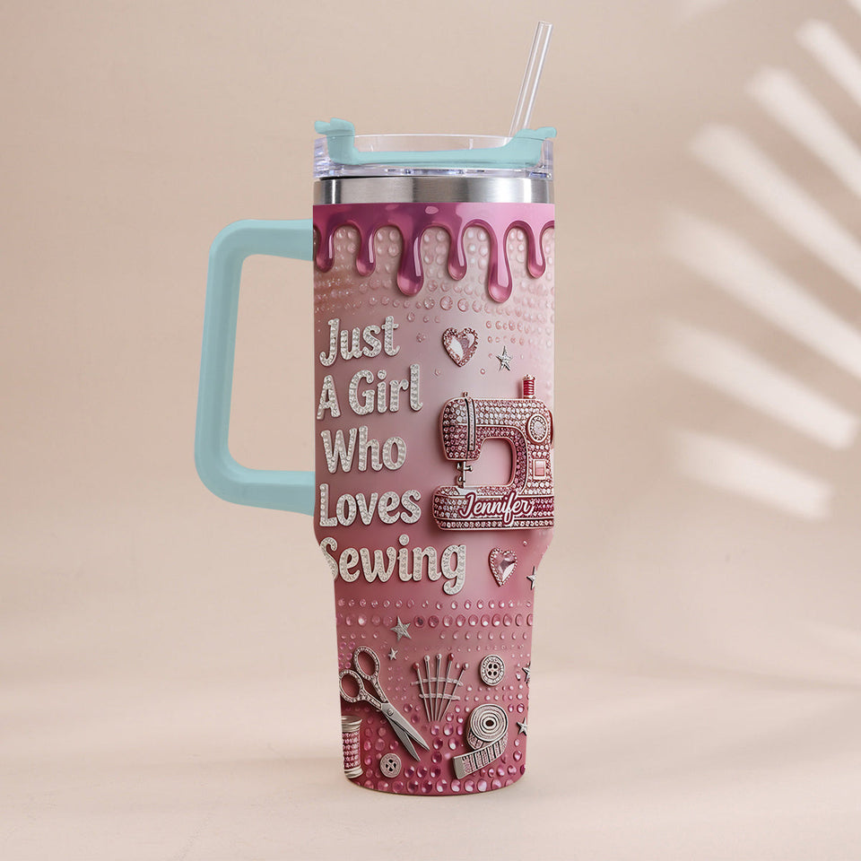 Just A Girl Who Loves Sewing - Personalized Sewing Tumbler With Handle