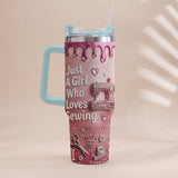 Just A Girl Who Loves Sewing - Personalized Sewing Tumbler With Handle